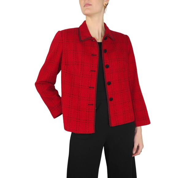 Talbots Vintage Red Tweed Plaid Blazer Jacket with Black Buttons Large Retro - Picture 1 of 7